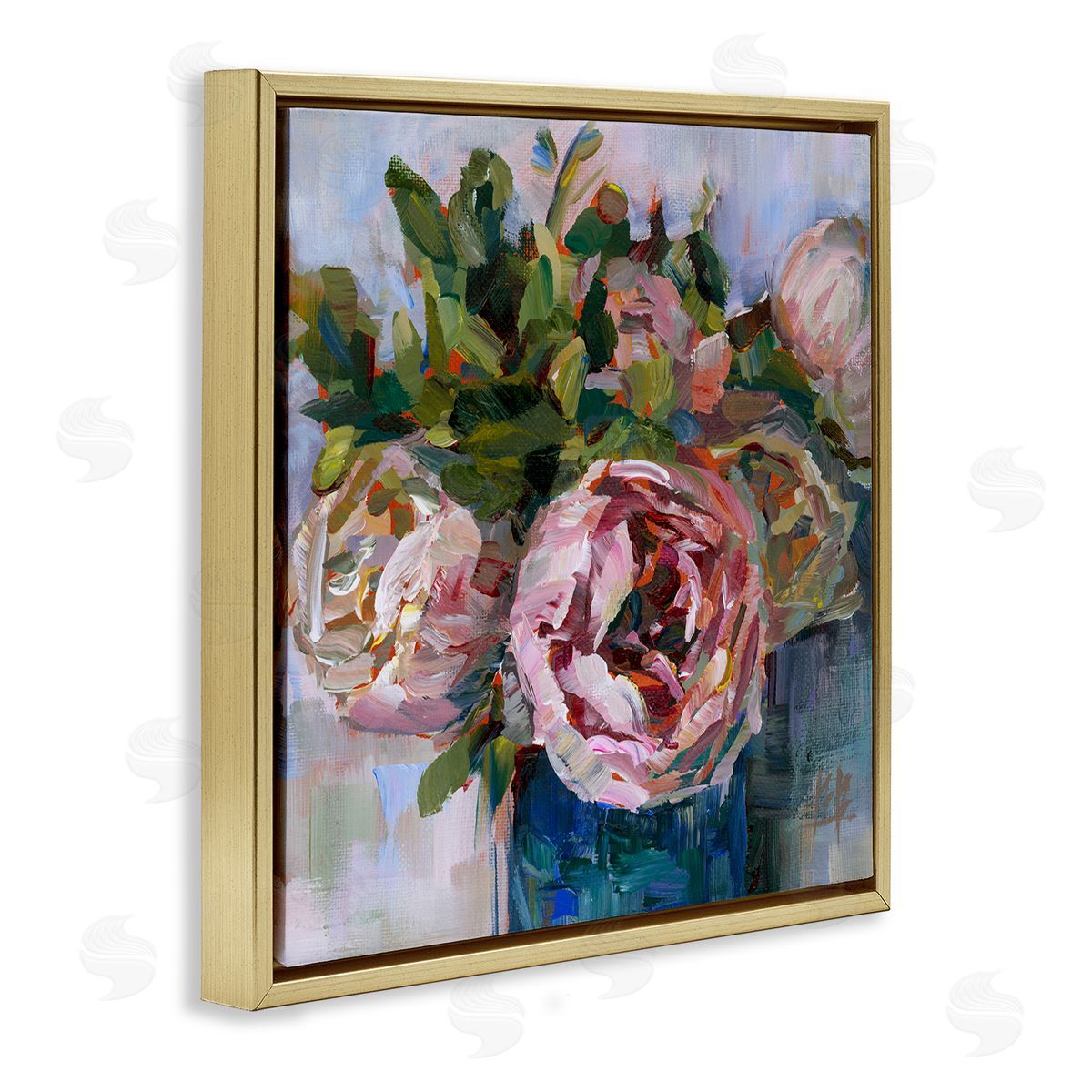 Full Ranunculus Bouquet Gold Floating Frame Canvas Wall Art, Home Decor by Borcherding
