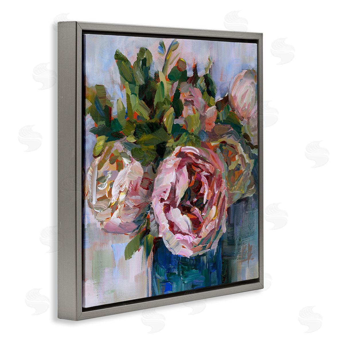 Full Ranunculus Bouquet Grey Floating Frame Canvas Wall Art, Home Decor by Borcherding