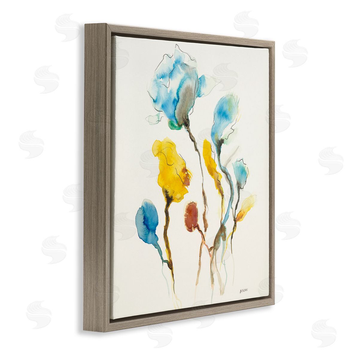 Patti Mann Modern Watercolor Blooms Brown Floating Frame Canvas Wall Art Print