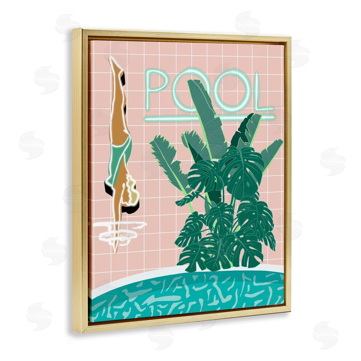 Retro Diving Pool Gold Floating Frame Canvas Wall Art, Home Decor by Jen Bucheli