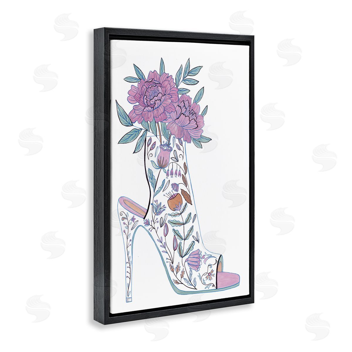 Shoe with Bouquet Black Floating Frame Canvas Wall Art, Home Decor by Melissa Wang