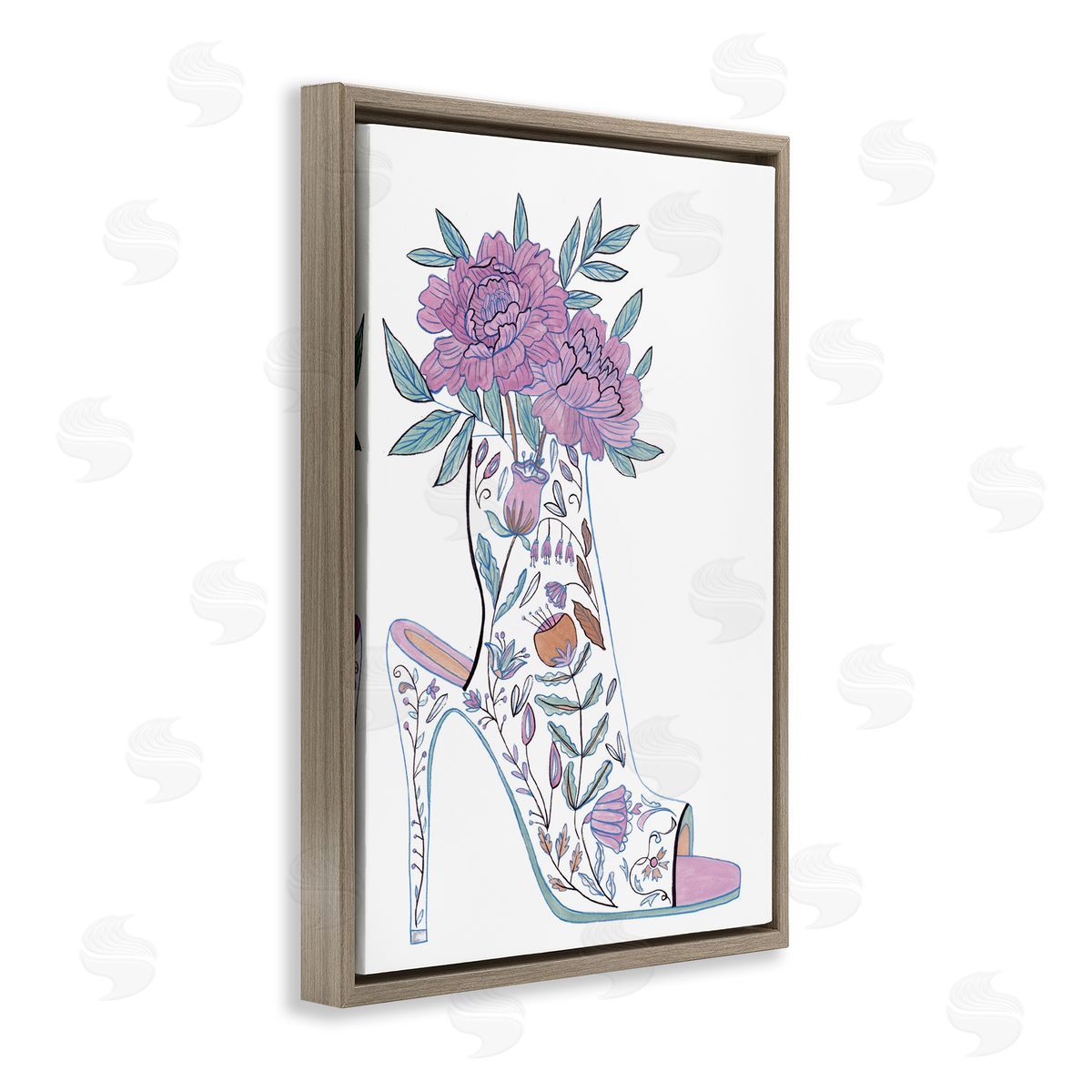 Shoe with Bouquet Brown Floating Frame Canvas Wall Art, Home Decor by Melissa Wang