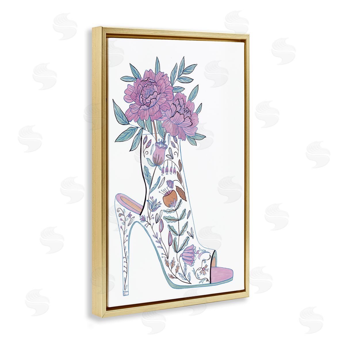 Shoe with Bouquet Gold Floating Frame Canvas Wall Art, Home Decor by Melissa Wang