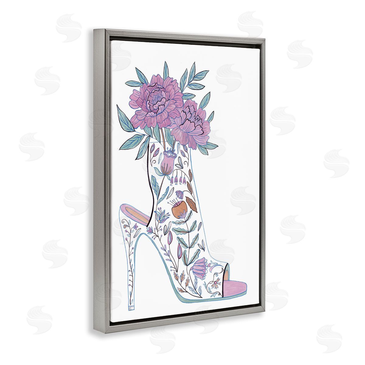 Shoe with Bouquet Grey Floating Frame Canvas Wall Art, Home Decor by Melissa Wang