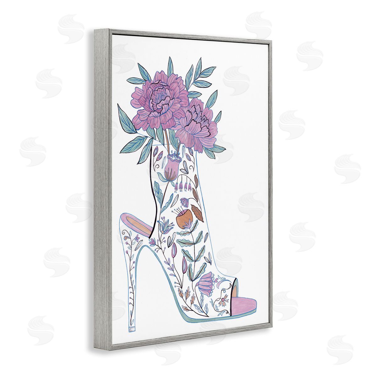 Shoe with Bouquet Grey Frame Print Wall Art, Home Decor by Melissa Wang