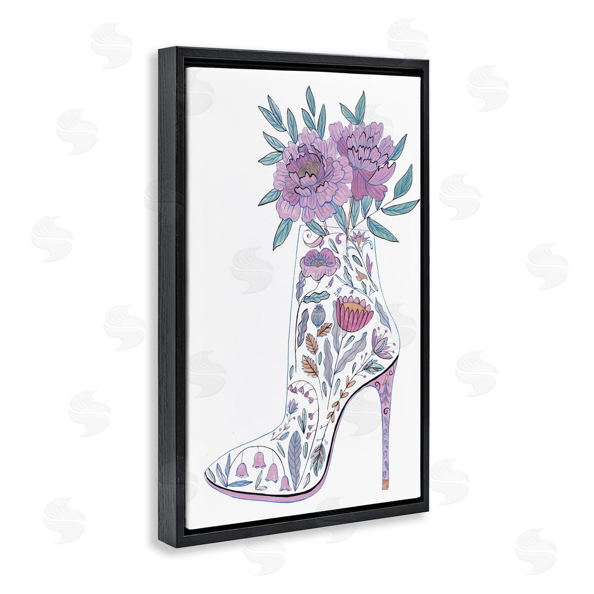 Floral Heel Bouquet Black Floating Frame Canvas Wall Art, Home Decor by Melissa Wang