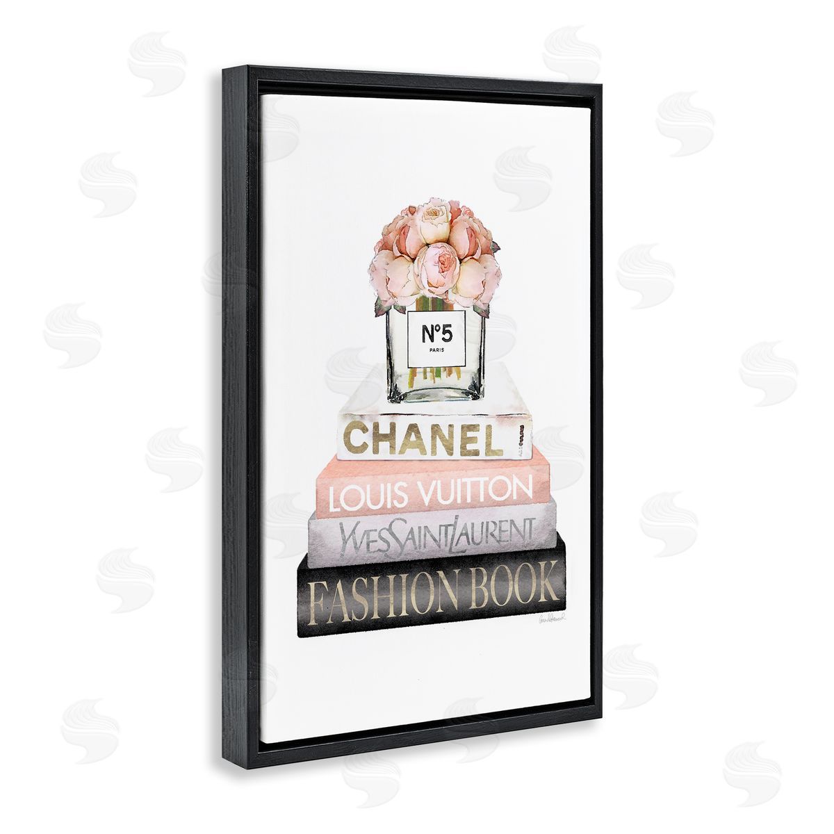 Fashion Bookstack Peonies Black Floating Frame Canvas Wall Art, Home Decor by Amanda Greenwood