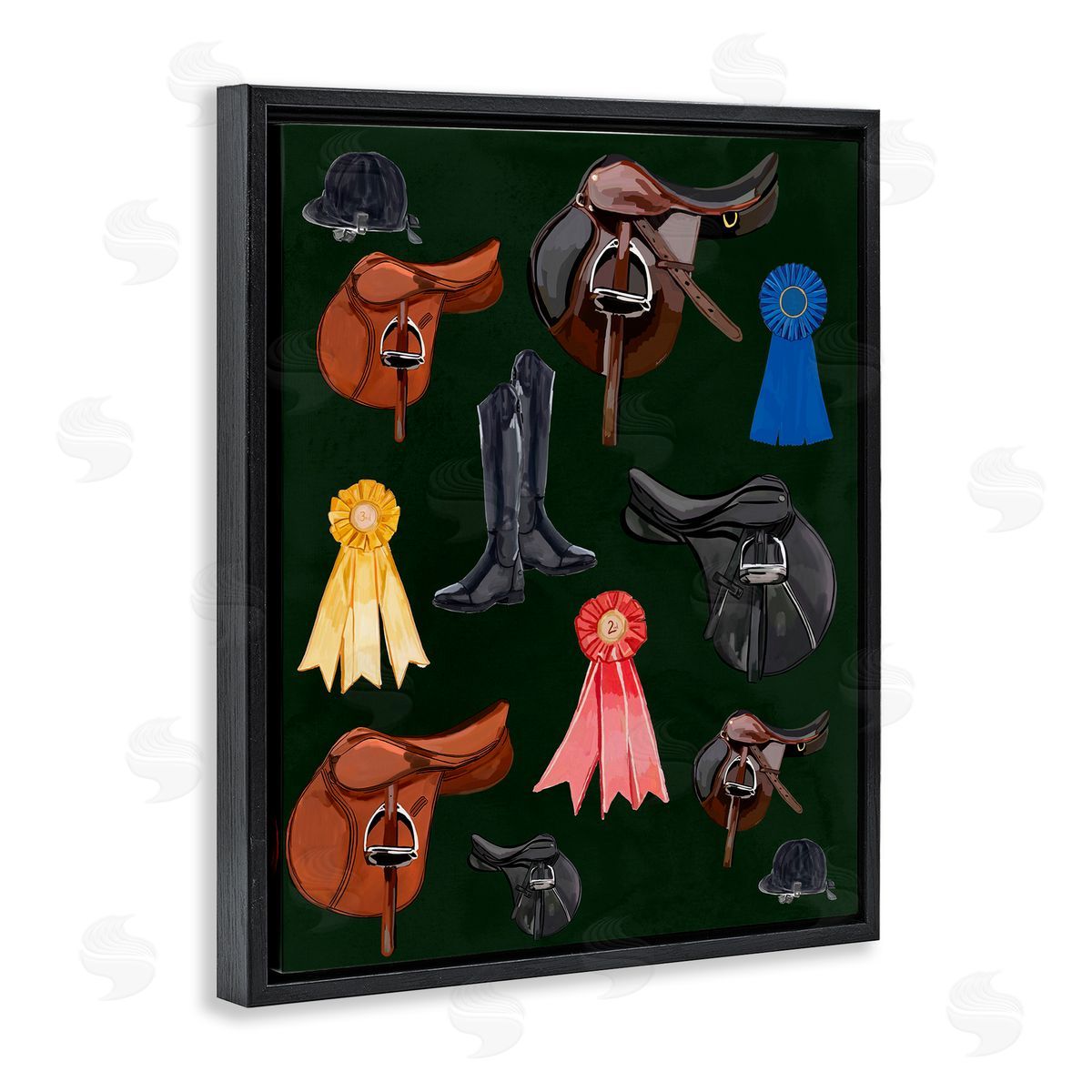 Equestrian Saddles and Ribbons Black Floating Frame Canvas Wall Art, Home Decor by Amelia Noyes