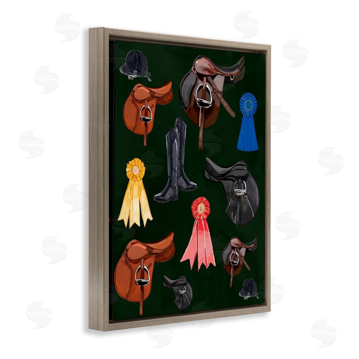 Equestrian Saddles and Ribbons Brown Floating Frame Canvas Wall Art, Home Decor by Amelia Noyes