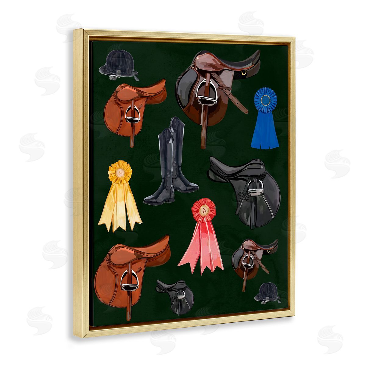 Equestrian Saddles and Ribbons Gold Floating Frame Canvas Wall Art, Home Decor by Amelia Noyes