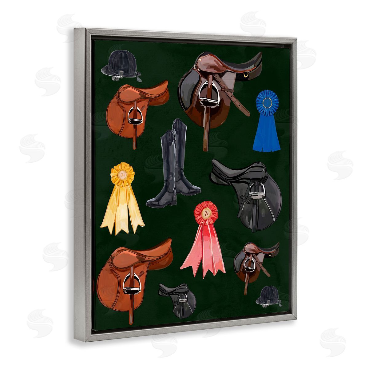 Equestrian Saddles and Ribbons Grey Floating Frame Canvas Wall Art, Home Decor by Amelia Noyes