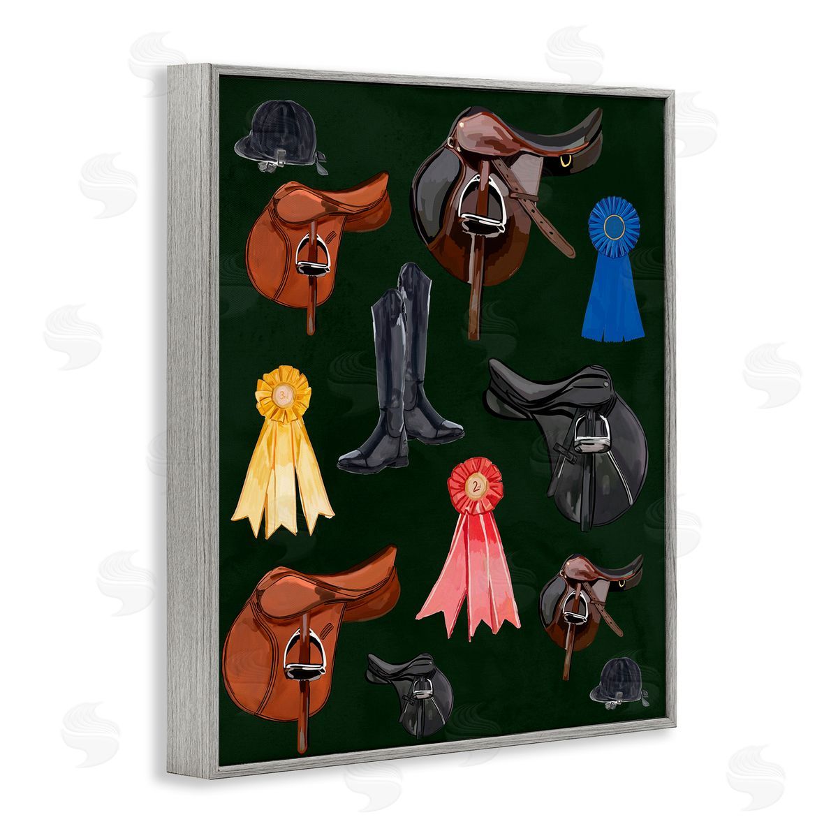 Equestrian Saddles and Ribbons Grey Frame Print Wall Art, Home Decor by Amelia Noyes