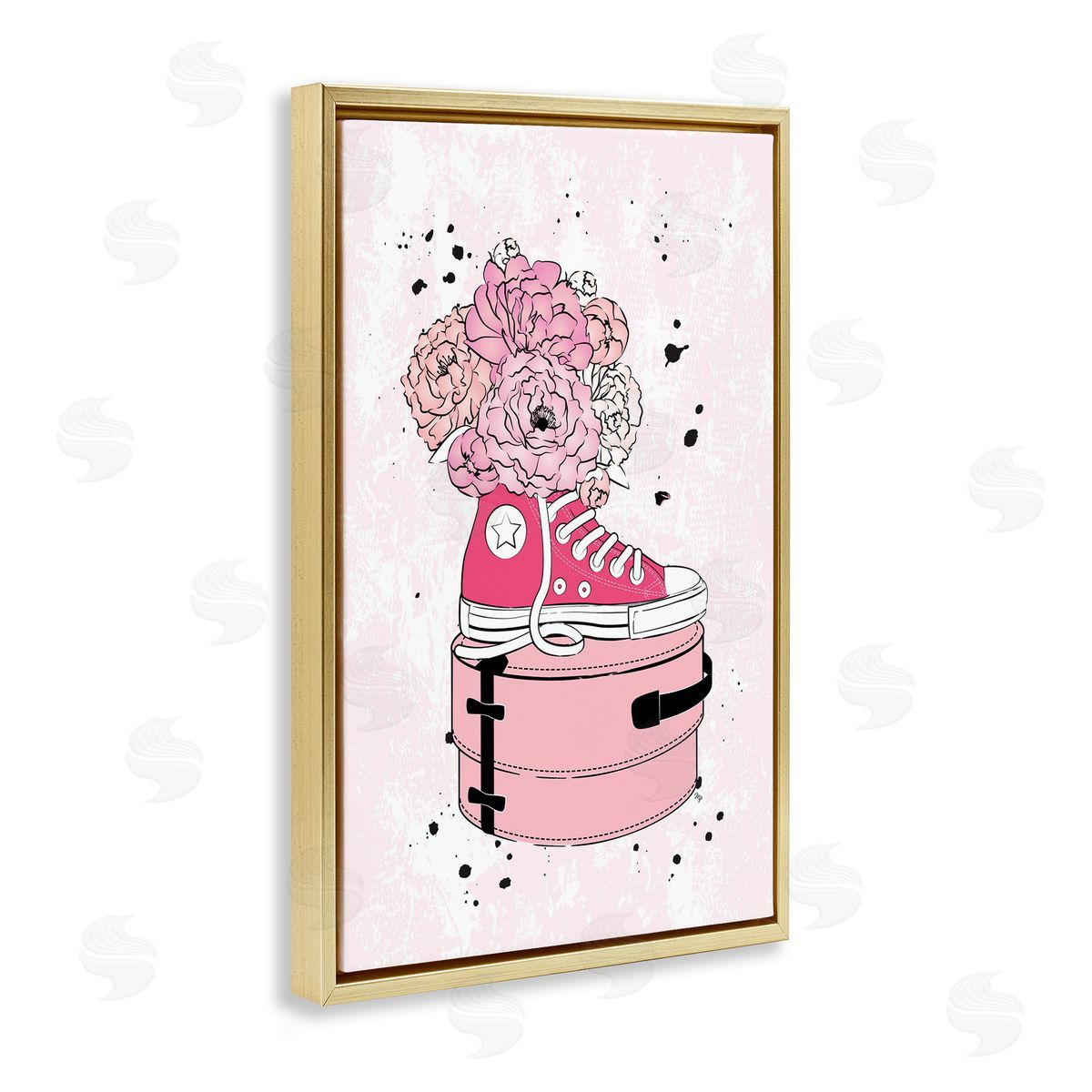 Pink Floral Sneaker Gold Floating Frame Canvas Wall Art, Home Decor by Martina Pavlova