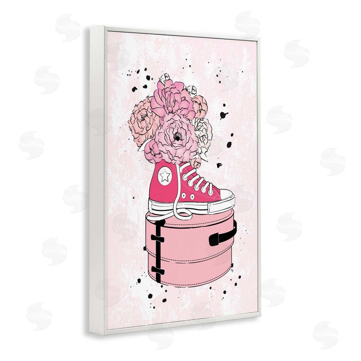 Pink Floral Sneaker White Frame Print Wall Art, Home Decor by Martina Pavlova