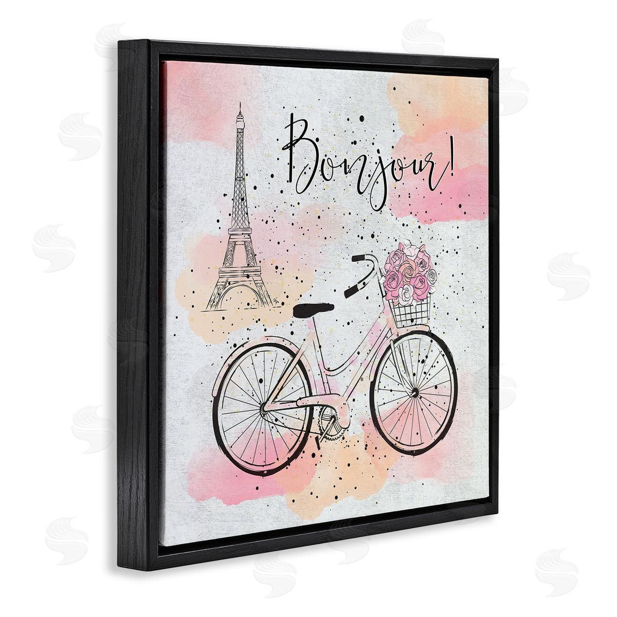 Bonjour Paris and Bicycle Black Floating Frame Canvas Wall Art, Home Decor by Martina Pavlova