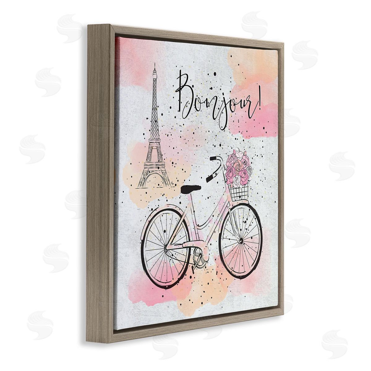 Bonjour Paris and Bicycle Brown Floating Frame Canvas Wall Art, Home Decor by Martina Pavlova