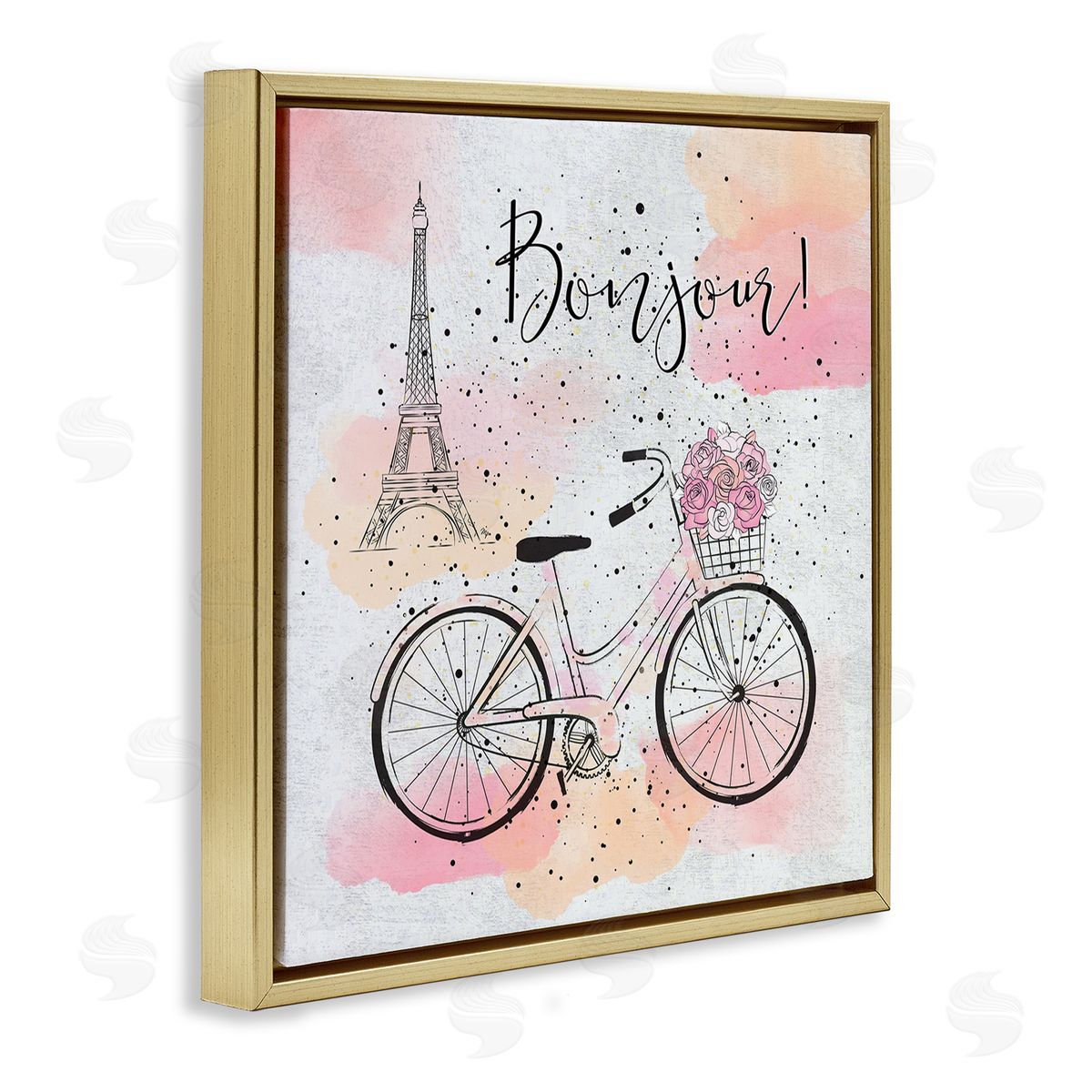 Bonjour Paris and Bicycle Gold Floating Frame Canvas Wall Art, Home Decor by Martina Pavlova