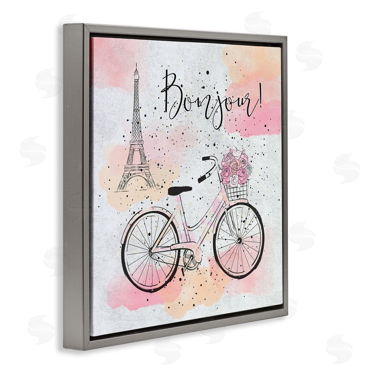 Bonjour Paris and Bicycle Grey Floating Frame Canvas Wall Art, Home Decor by Martina Pavlova