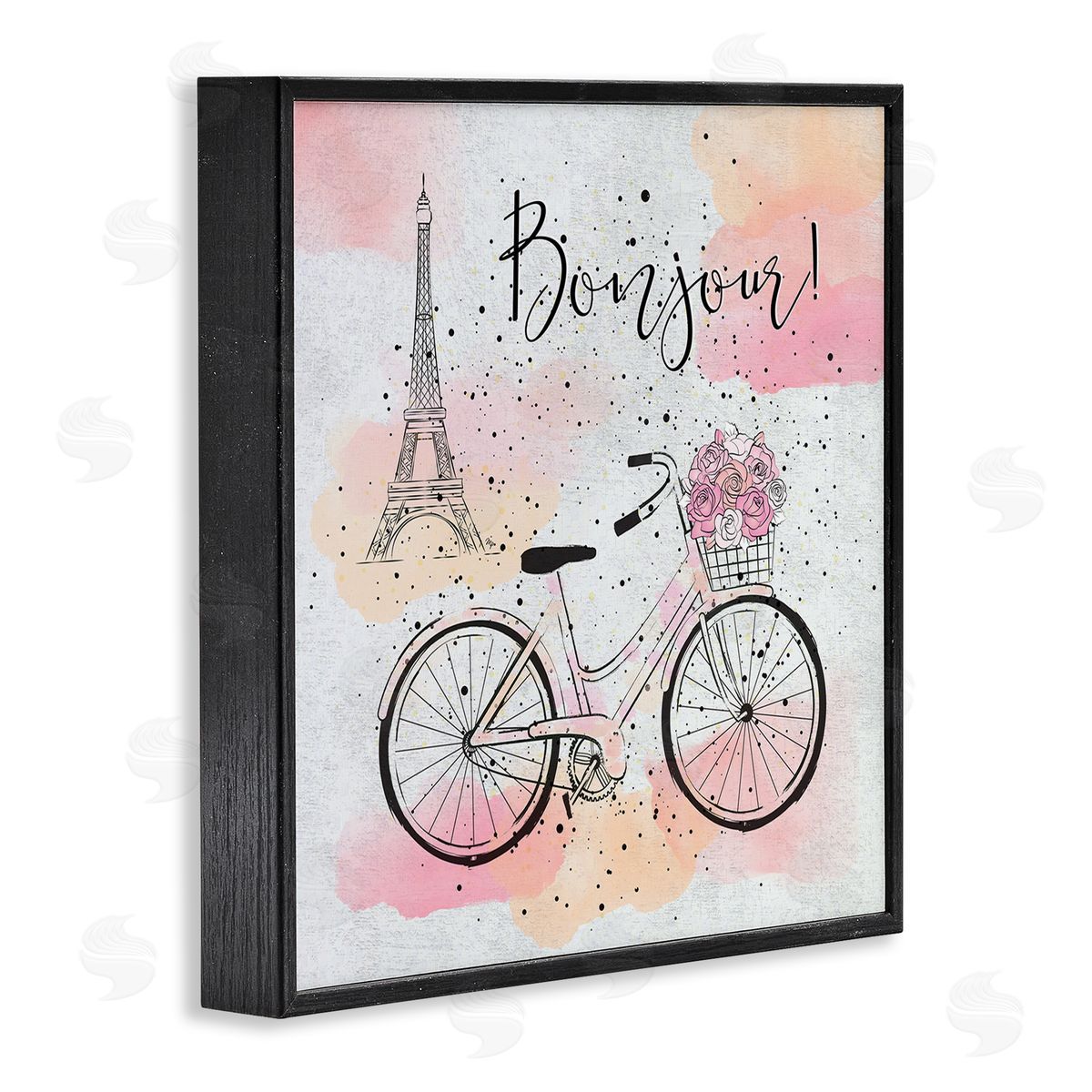 Bonjour Paris and Bicycle Black Frame Print Wall Art, Home Decor by Martina Pavlova