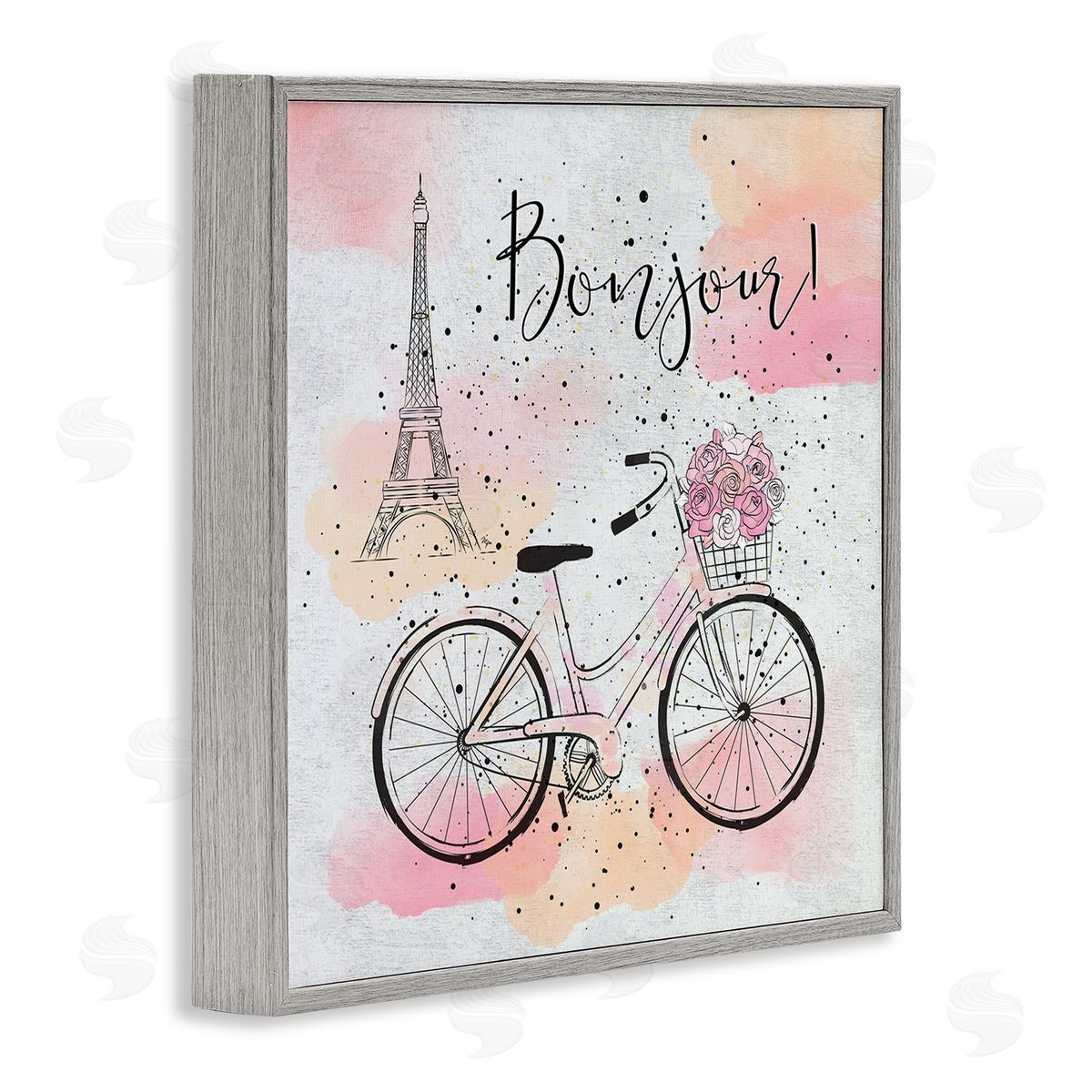 Bonjour Paris and Bicycle Grey Frame Print Wall Art, Home Decor by Martina Pavlova