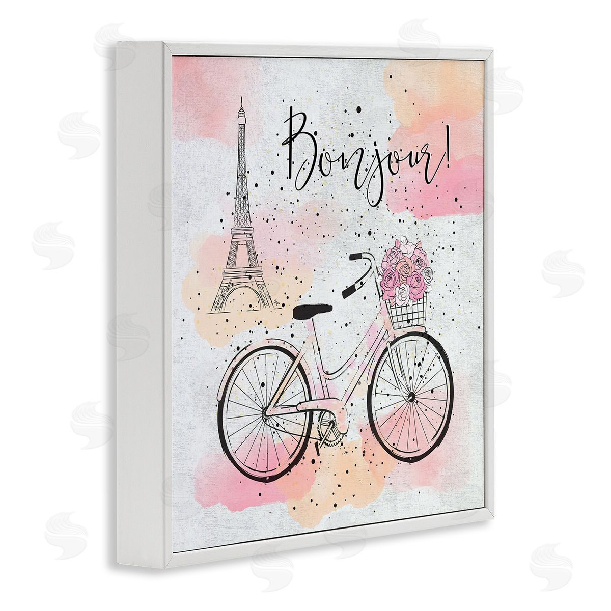 Bonjour Paris and Bicycle White Frame Print Wall Art, Home Decor by Martina Pavlova