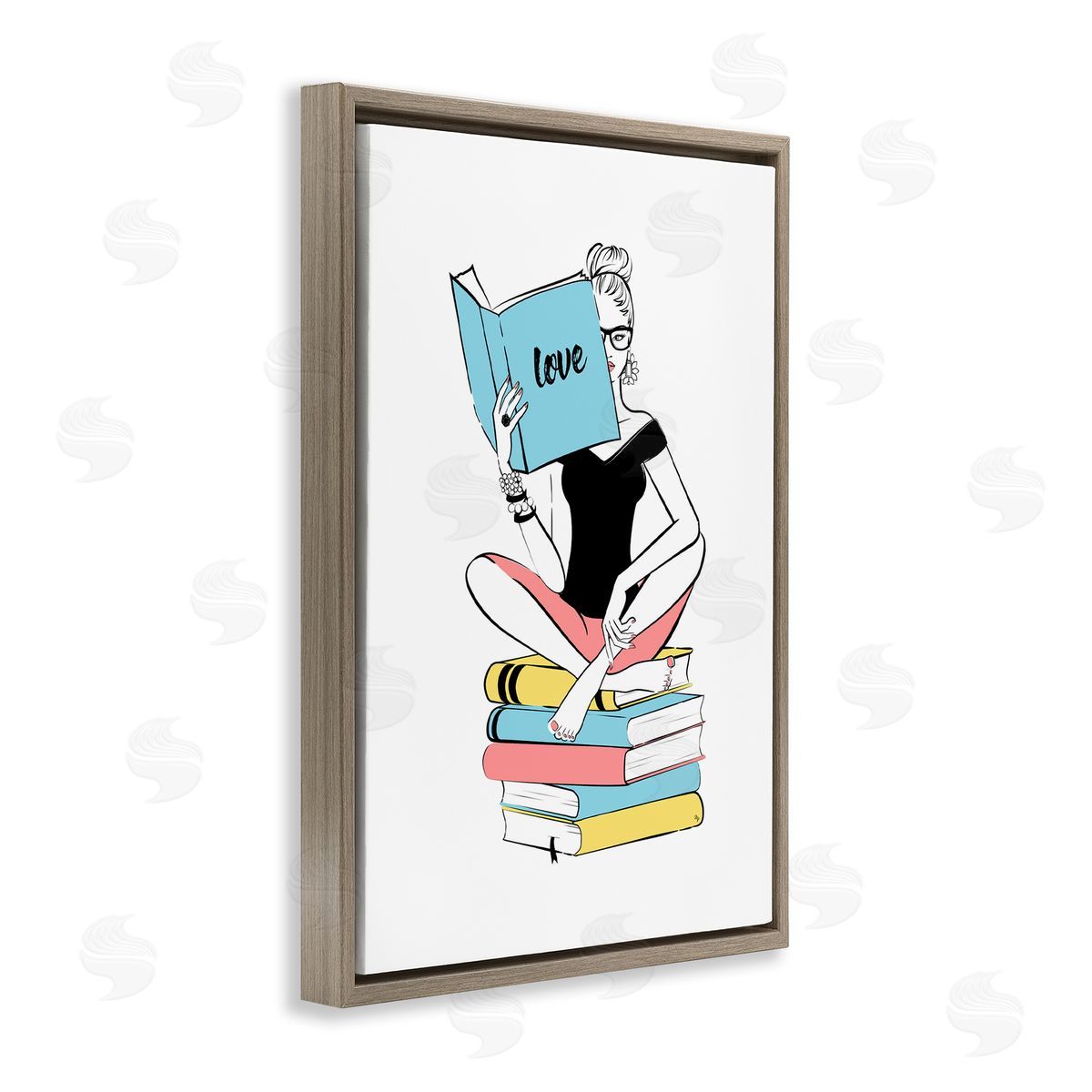 Book Love Girl Brown Floating Frame Canvas Wall Art, Home Decor by Martina Pavlova
