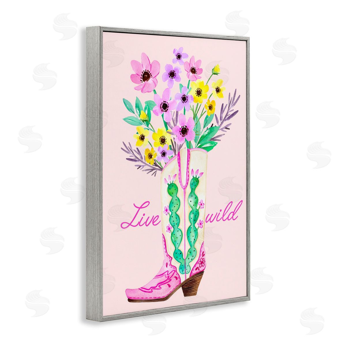 Live Wild Cowgirl Boot Grey Frame Print Wall Art, Home Decor by Enya Todd