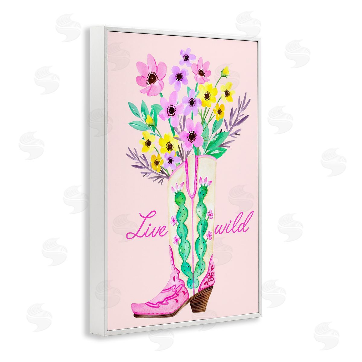 Live Wild Cowgirl Boot White Frame Print Wall Art, Home Decor by Enya Todd