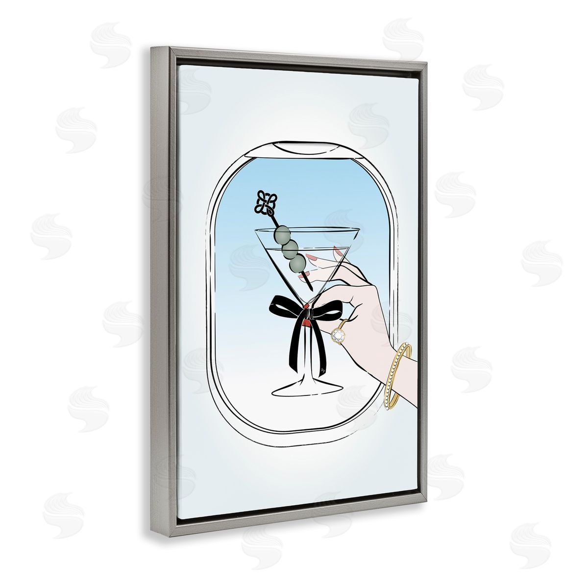 First Class Cocktail Grey Floating Frame Canvas Wall Art, Home Decor by Martina Pavlova