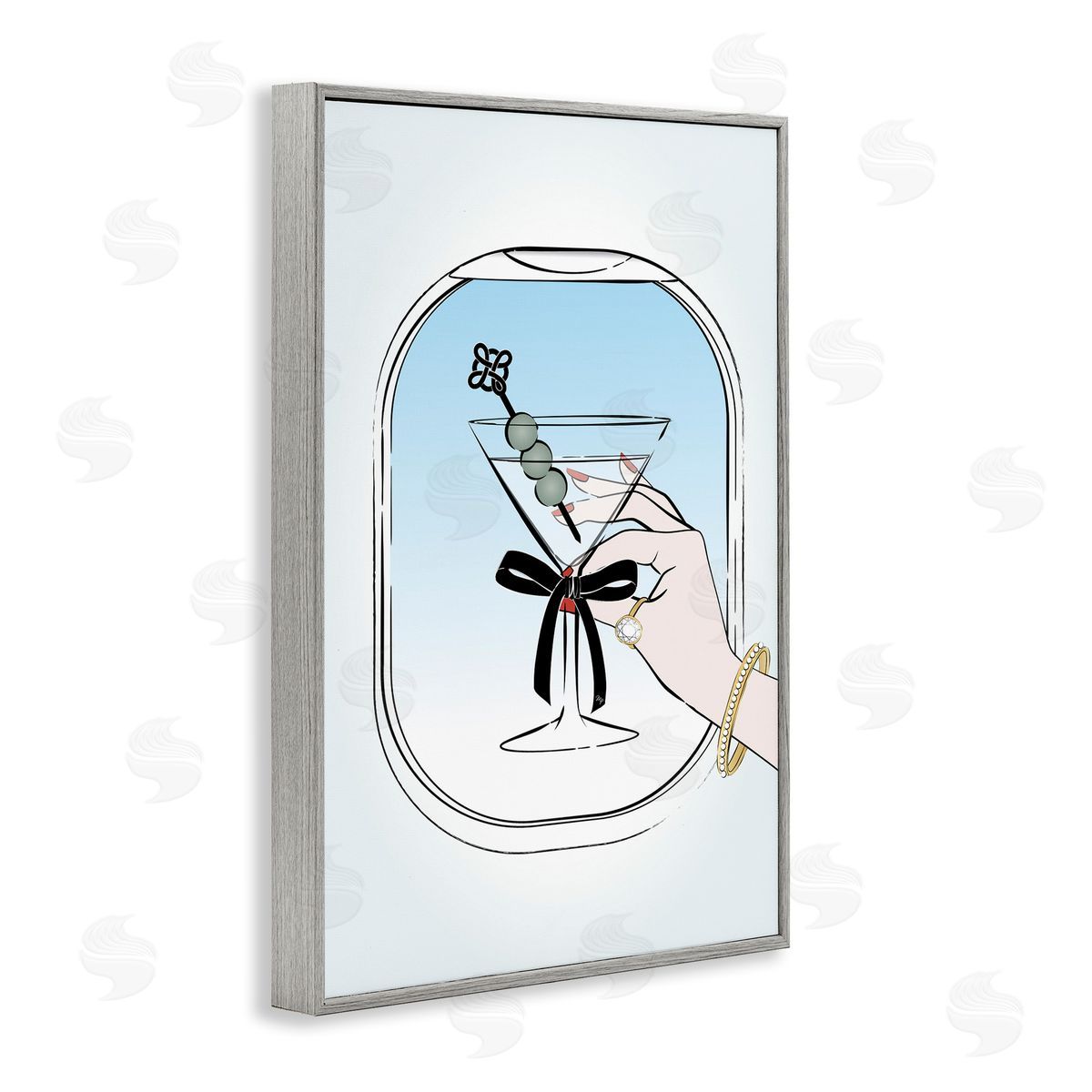 First Class Cocktail Grey Frame Print Wall Art, Home Decor by Martina Pavlova