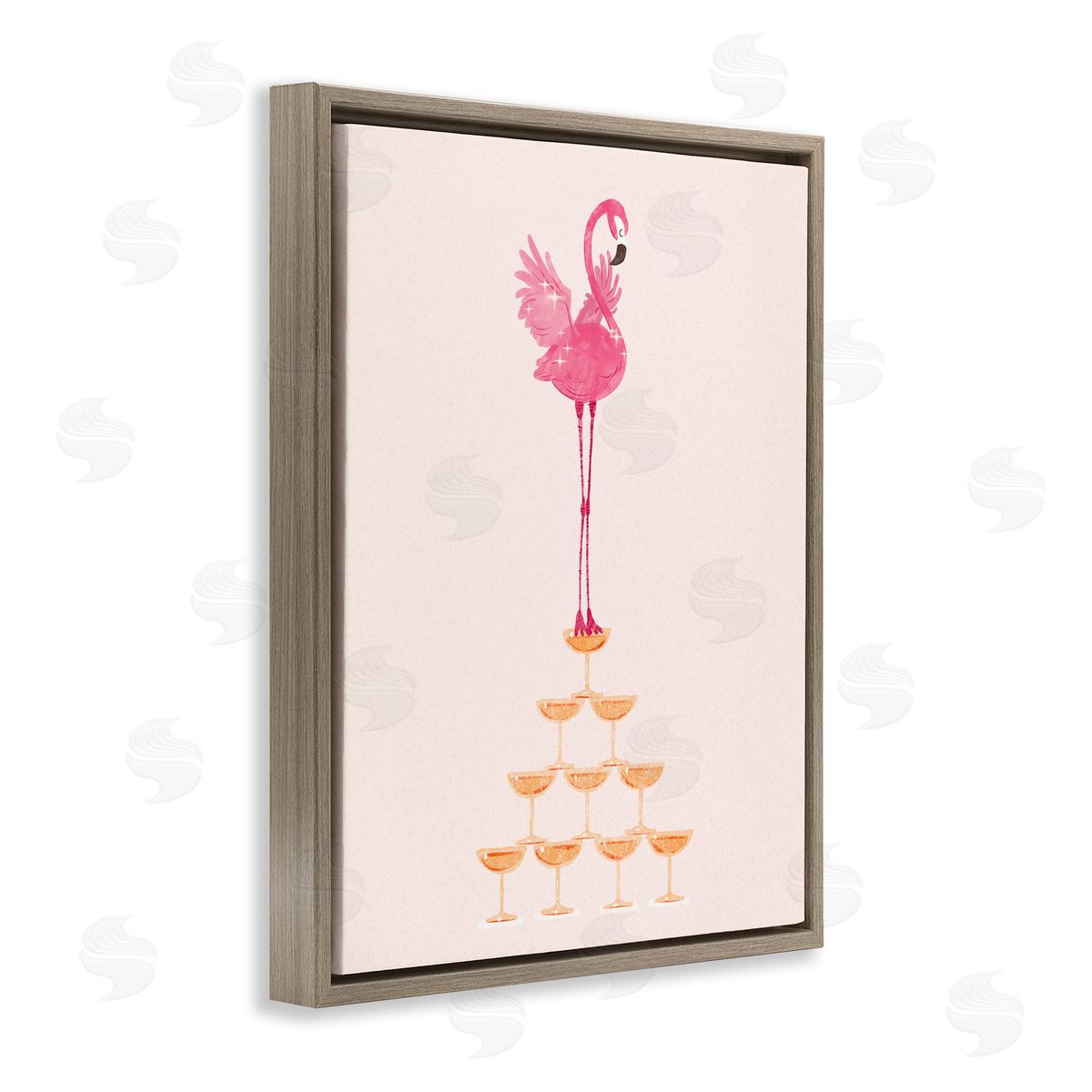 Balancing Flamingo and Wine Brown Floating Frame Canvas Wall Art, Home Decor by Ziwei Li