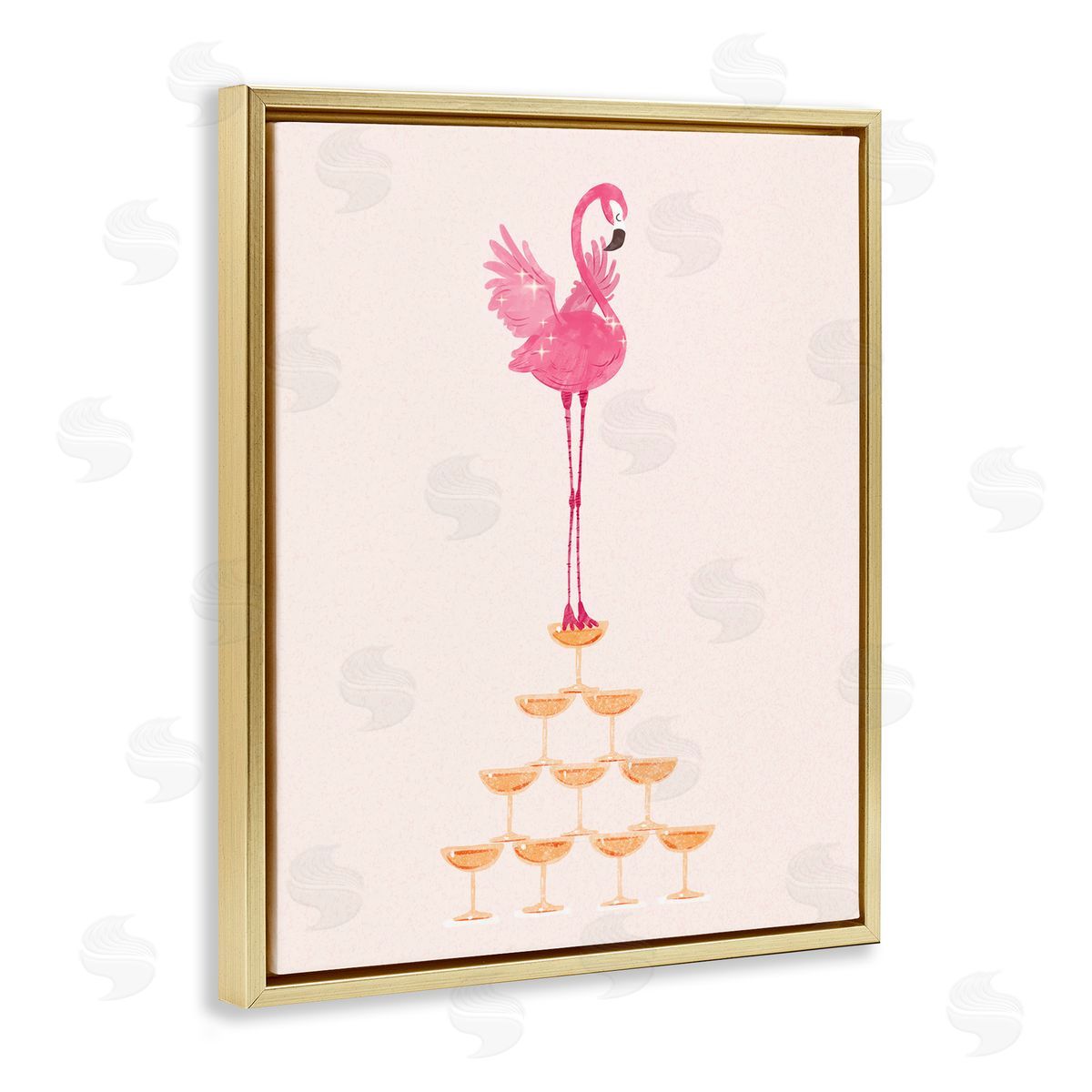 Balancing Flamingo and Wine Gold Floating Frame Canvas Wall Art, Home Decor by Ziwei Li