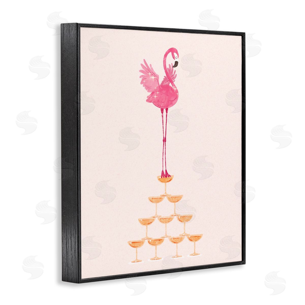 Balancing Flamingo and Wine Black Frame Print Wall Art, Home Decor by Ziwei Li