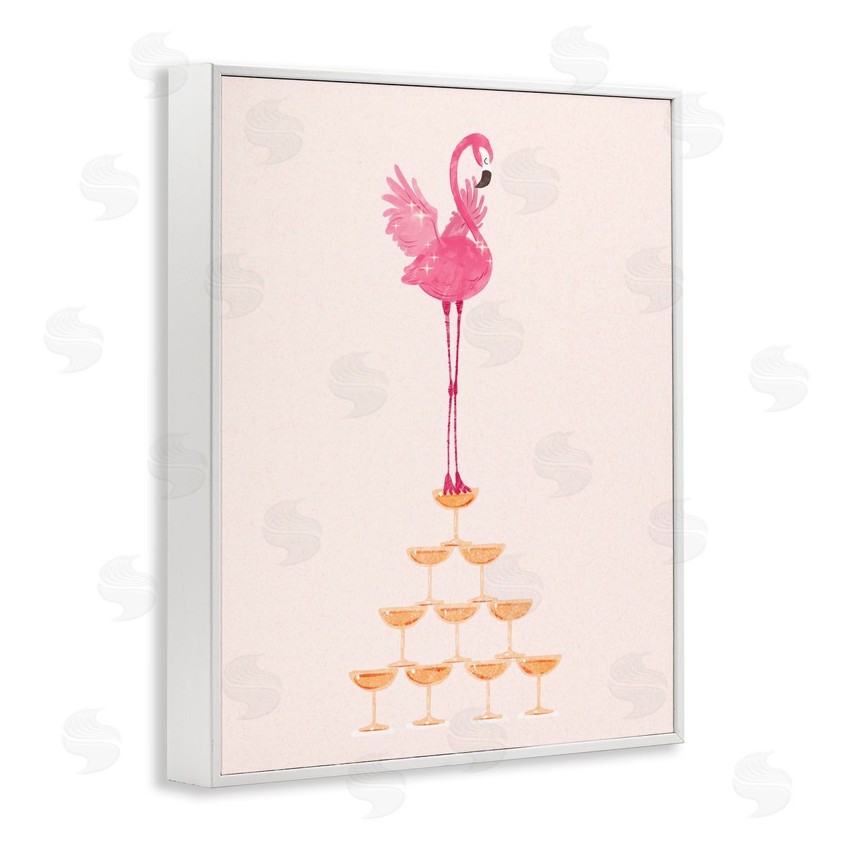 Balancing Flamingo and Wine White Frame Print Wall Art, Home Decor by Ziwei Li