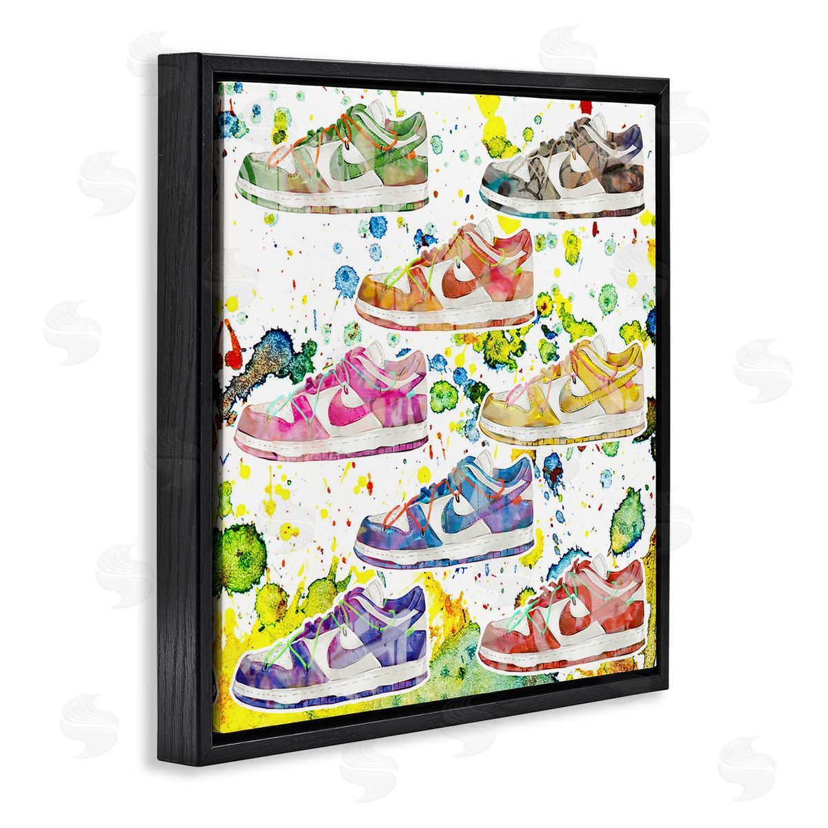Paint Splatter Sneakers Black Floating Frame Canvas Wall Art, Home Decor by Ziwei Li