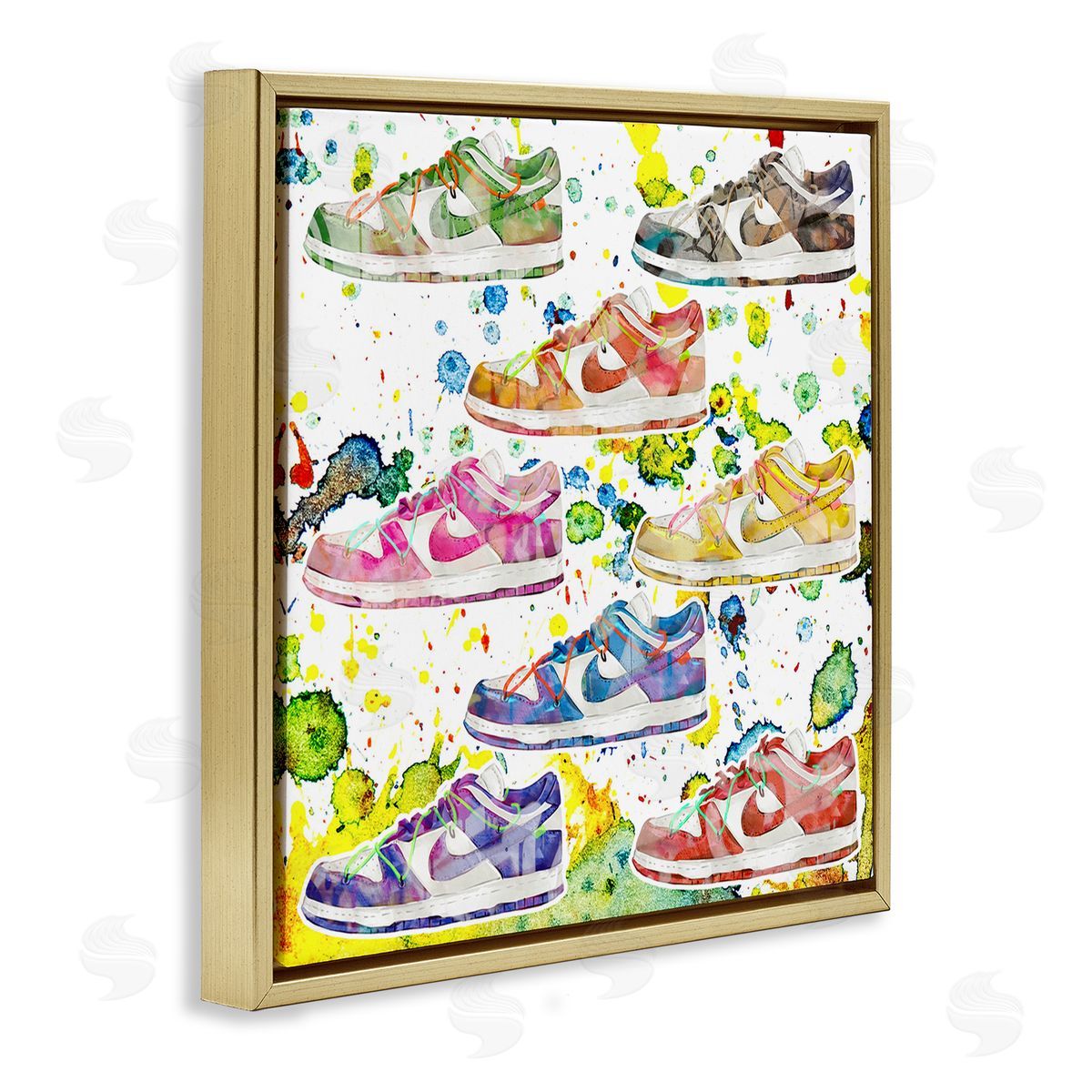 Paint Splatter Sneakers Gold Floating Frame Canvas Wall Art, Home Decor by Ziwei Li