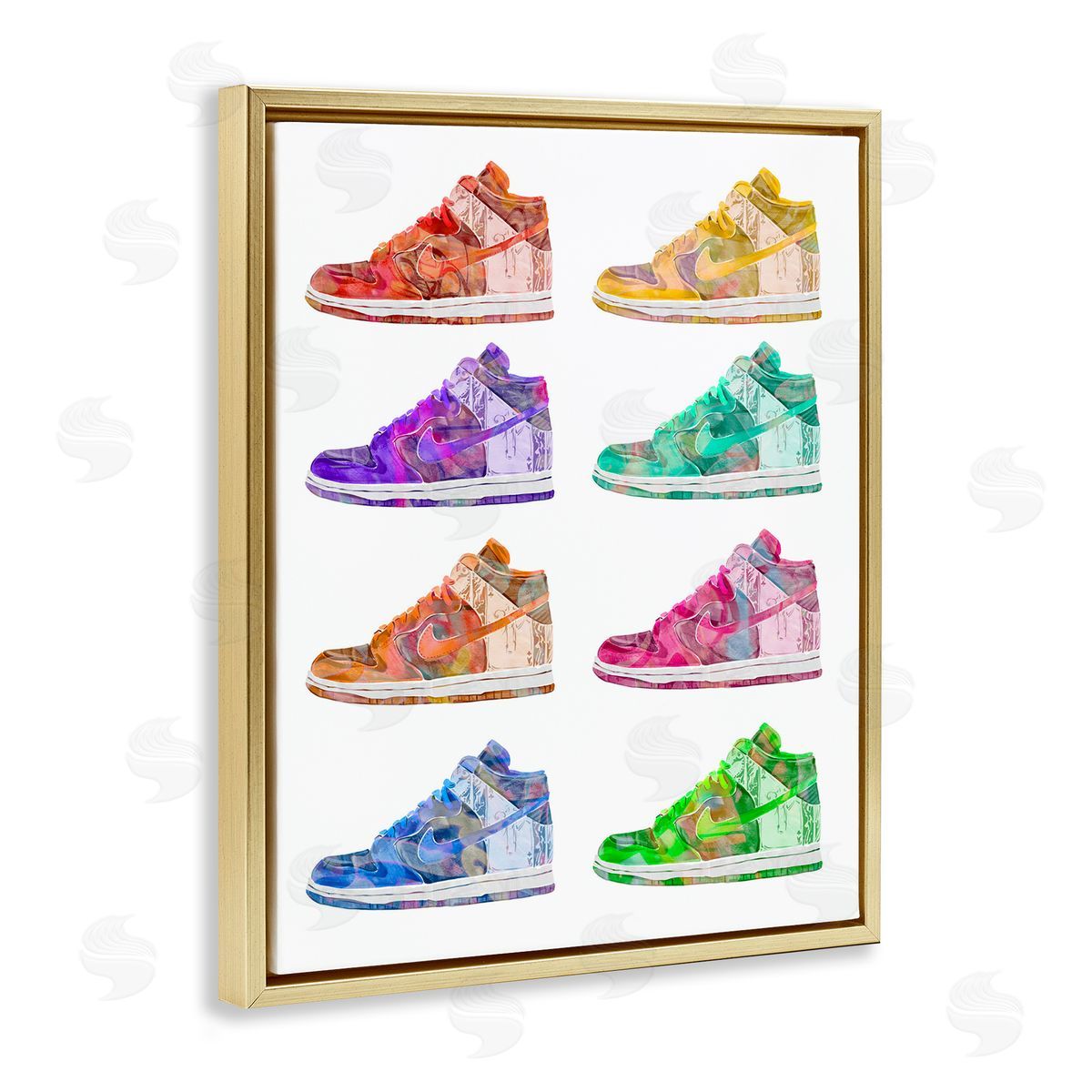 Bold Rainbow Sneakers Gold Floating Frame Canvas Wall Art, Home Decor by Ziwei Li