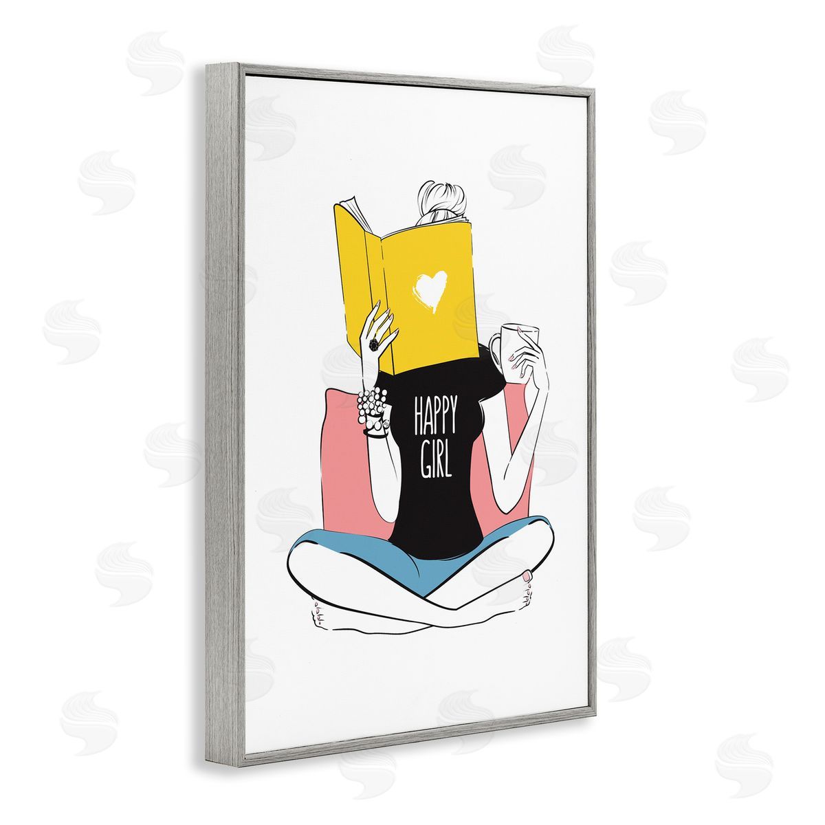 Happy Reader Girl Grey Frame Print Wall Art, Home Decor by Martina Pavlova