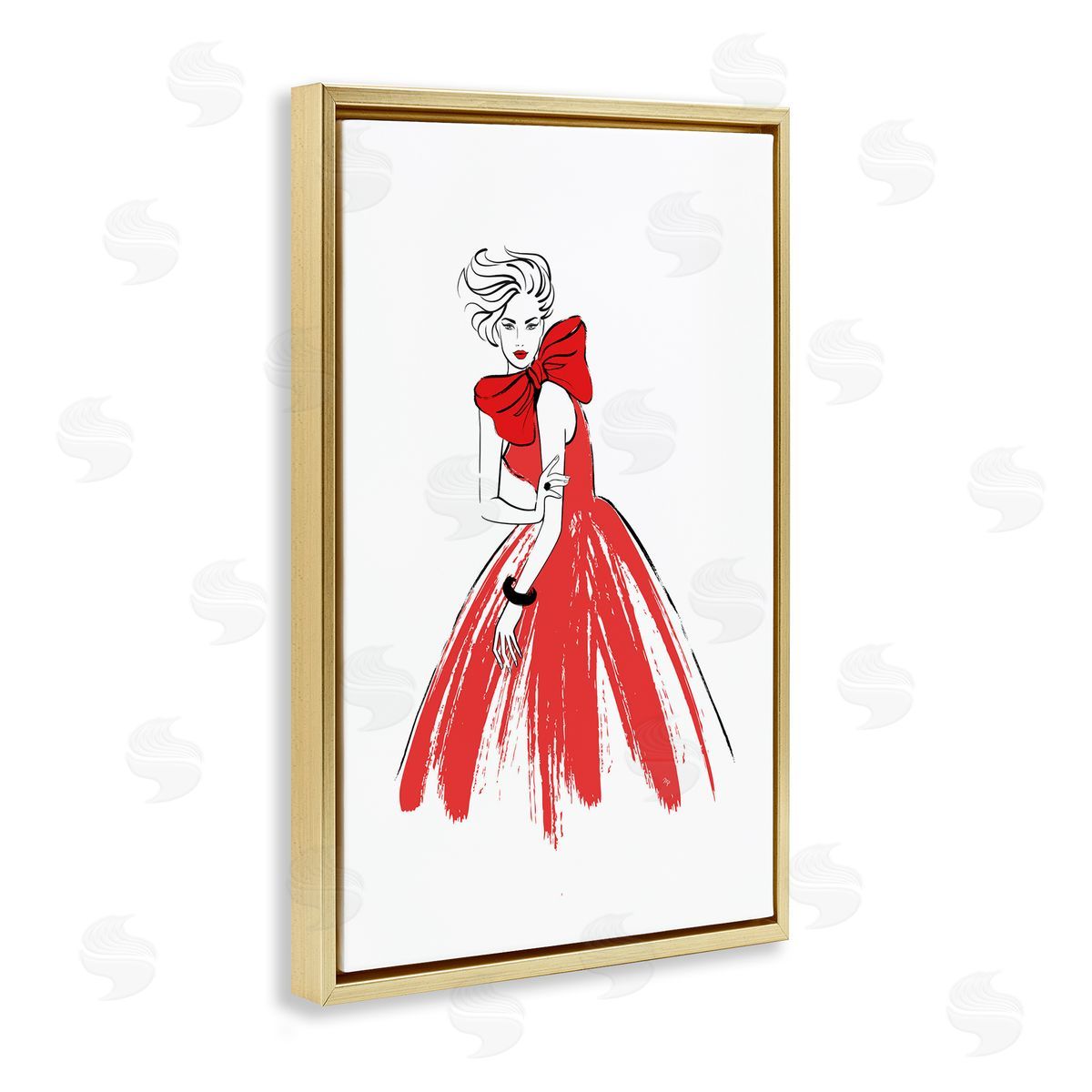 Lady and Red Bow Dress Gold Floating Frame Canvas Wall Art, Home Decor by Martina Pavlova