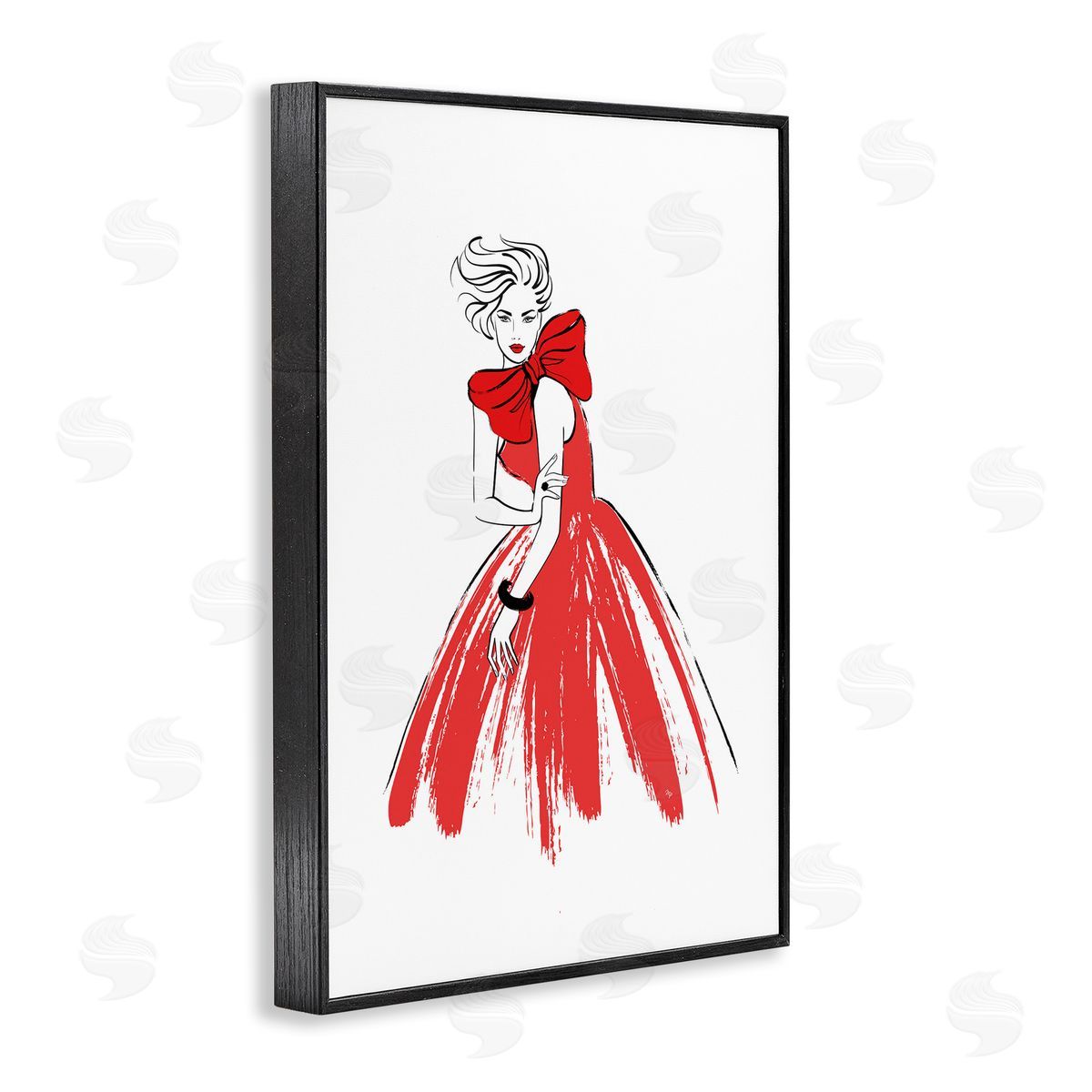 Lady and Red Bow Dress Black Frame Print Wall Art, Home Decor by Martina Pavlova