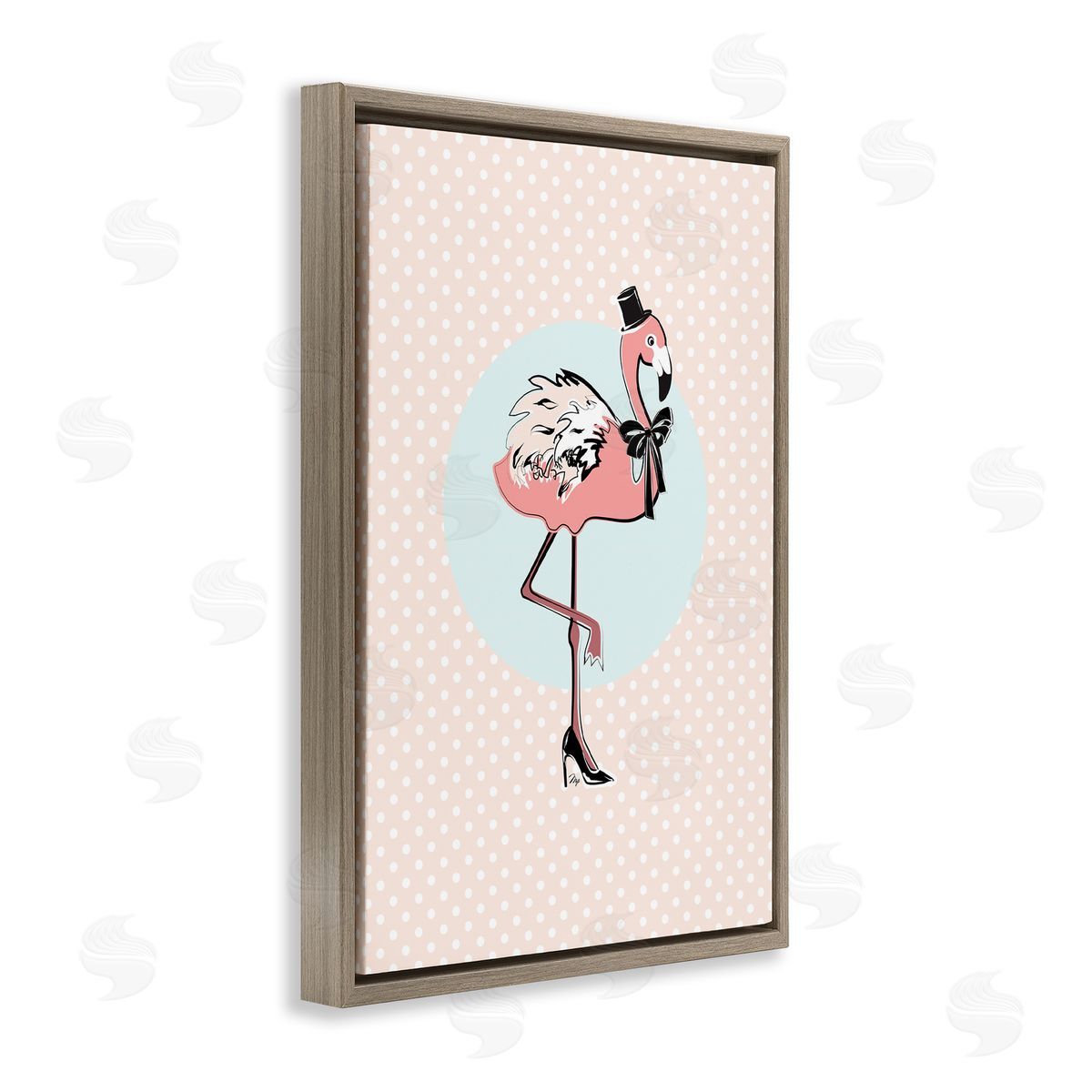Flamingo and Top Hat Brown Floating Frame Canvas Wall Art, Home Decor by Martina Pavlova