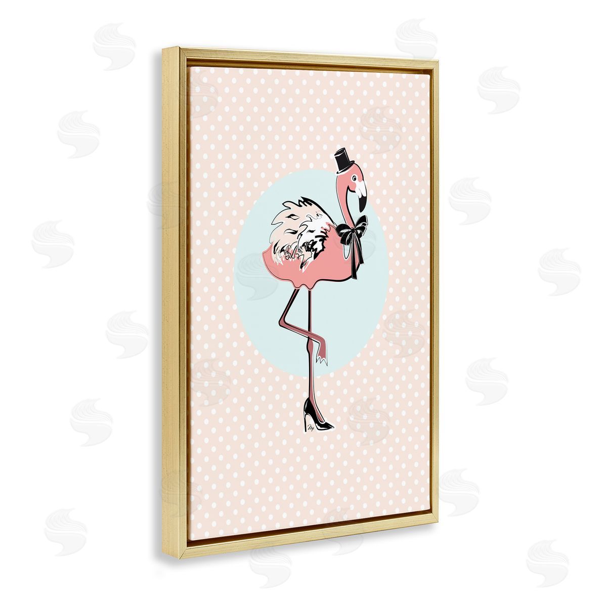 Flamingo and Top Hat Gold Floating Frame Canvas Wall Art, Home Decor by Martina Pavlova