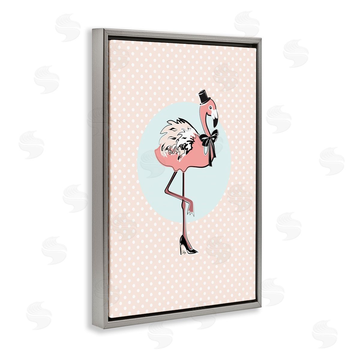 Flamingo and Top Hat Grey Floating Frame Canvas Wall Art, Home Decor by Martina Pavlova