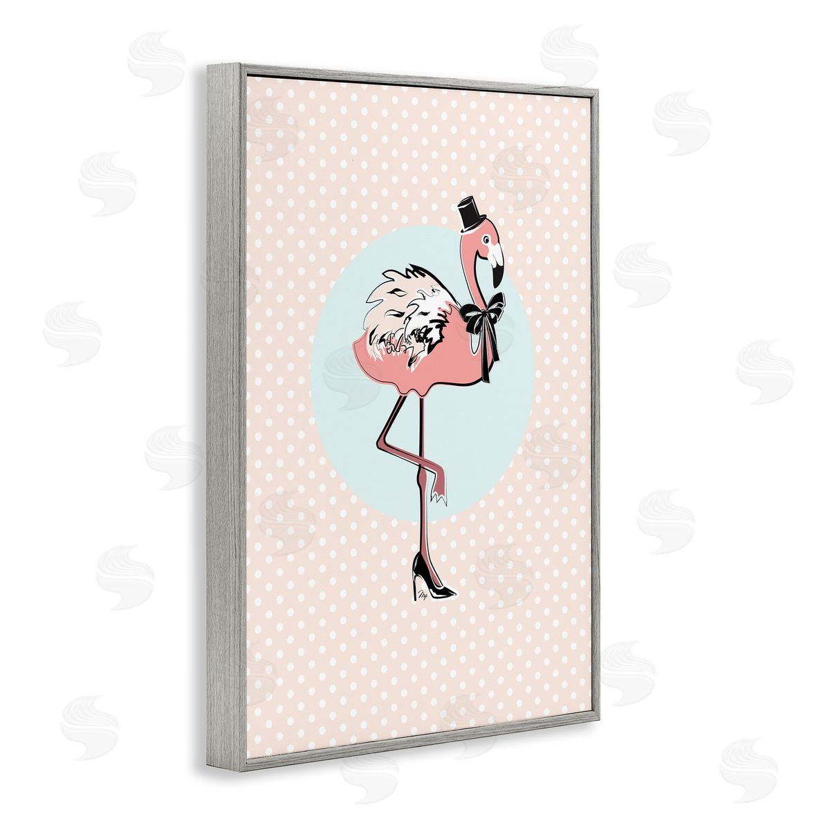 Flamingo and Top Hat Grey Frame Print Wall Art, Home Decor by Martina Pavlova