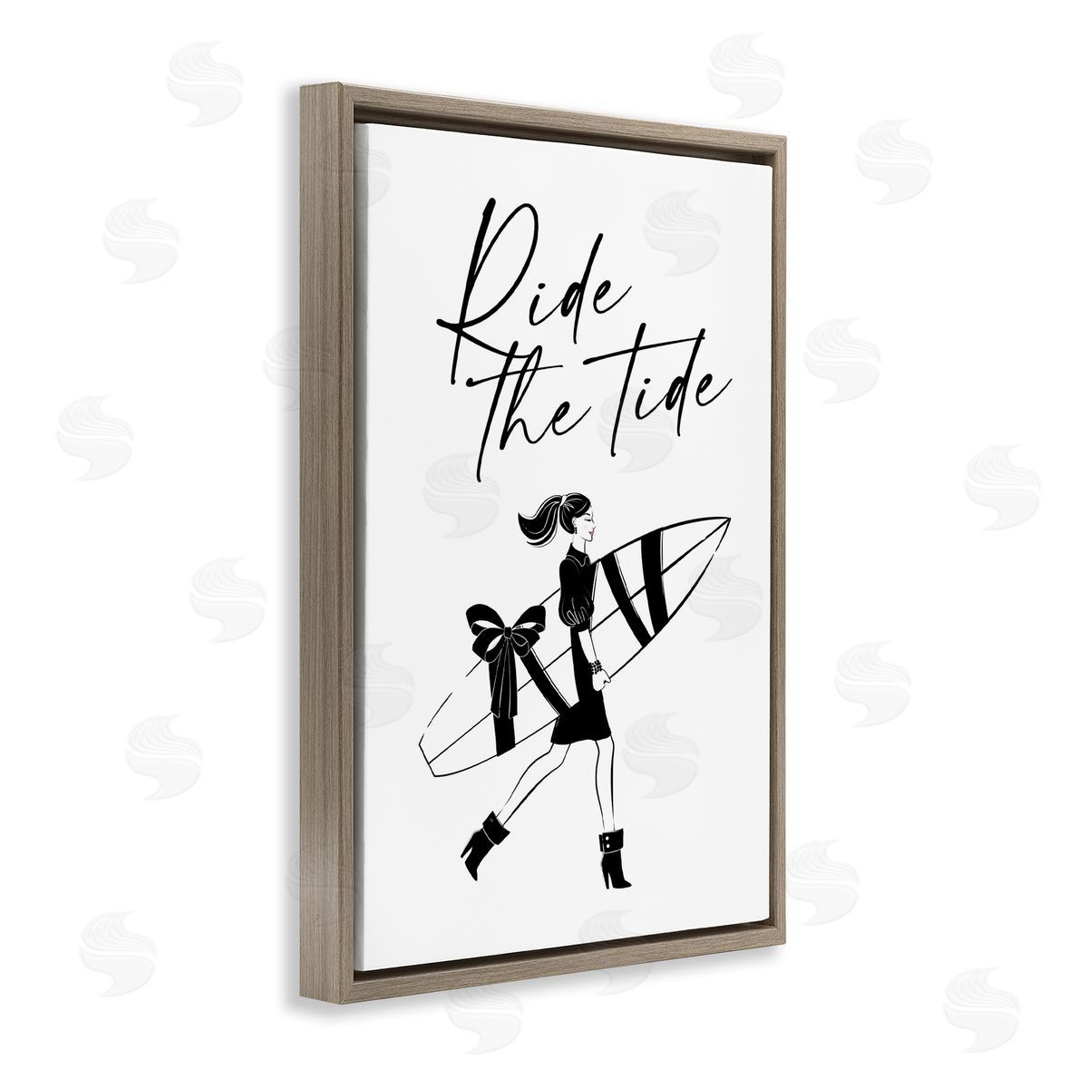 Ride The Tide Surfer Brown Floating Frame Canvas Wall Art, Home Decor by Martina Pavlova