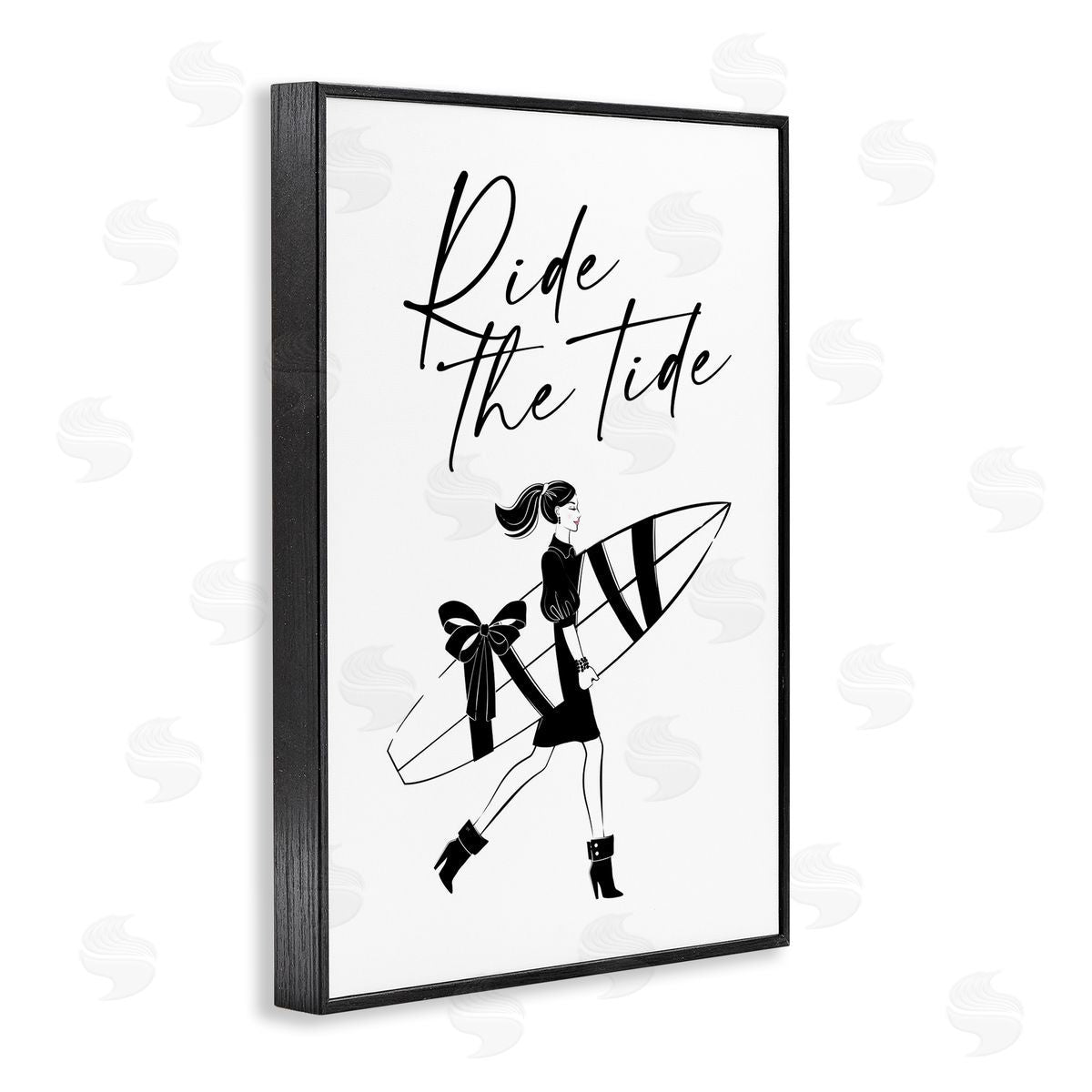 Ride The Tide Surfer Black Frame Print Wall Art, Home Decor by Martina Pavlova