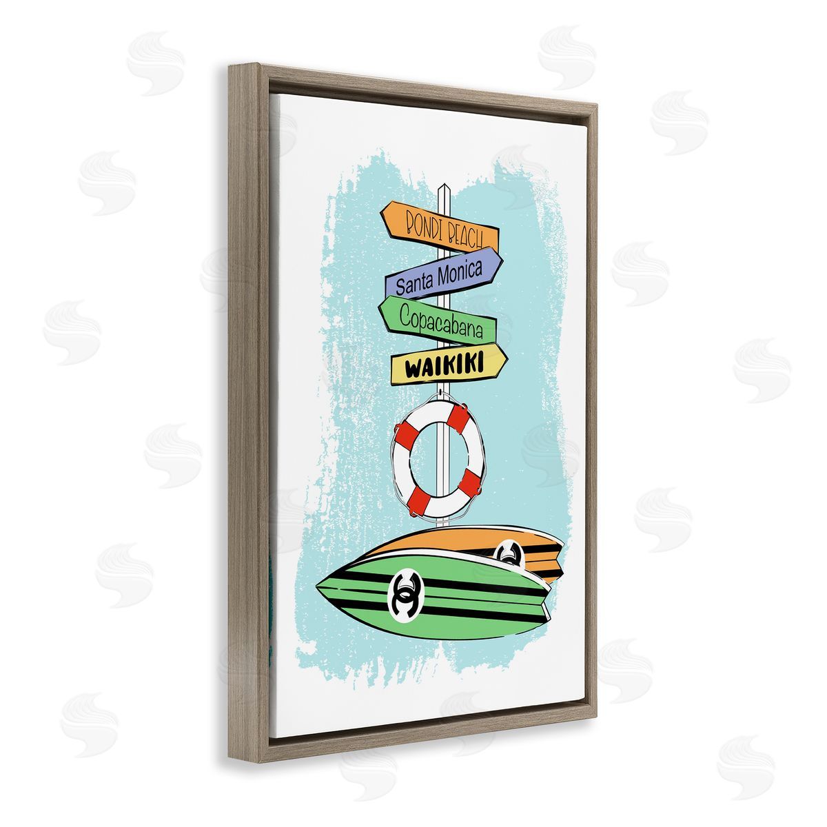 Glam Surfboards and Sign Brown Floating Frame Canvas Wall Art, Home Decor by Martina Pavlova