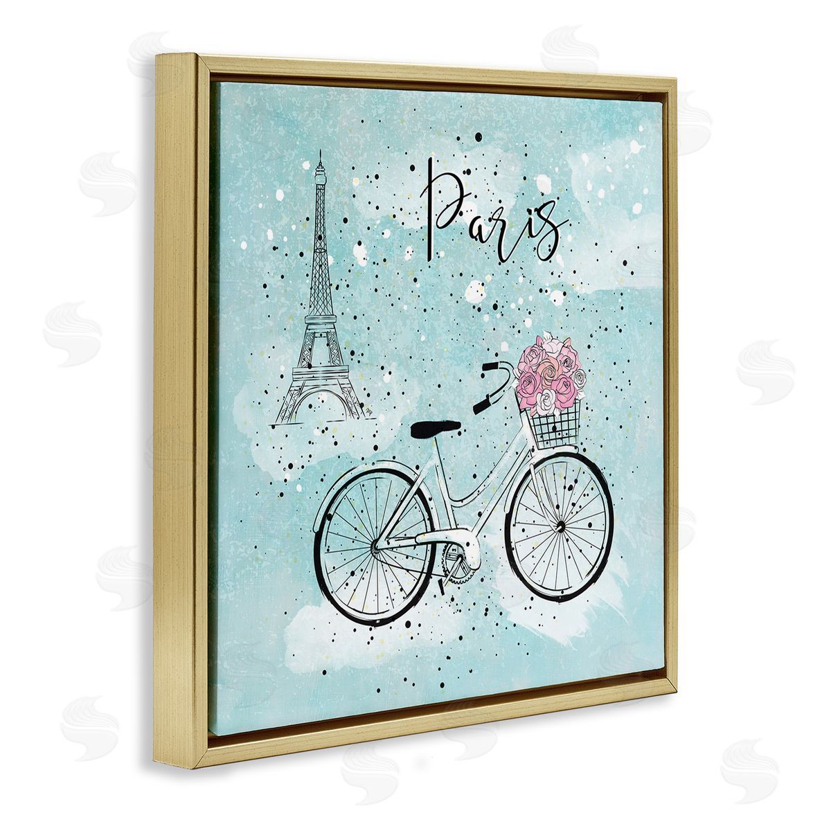 Paris Floral Bicycle Gold Floating Frame Canvas Wall Art, Home Decor by Martina Pavlova