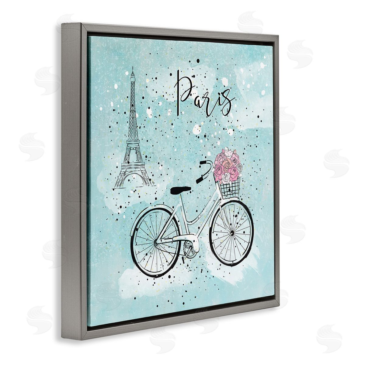 Paris Floral Bicycle Grey Floating Frame Canvas Wall Art, Home Decor by Martina Pavlova