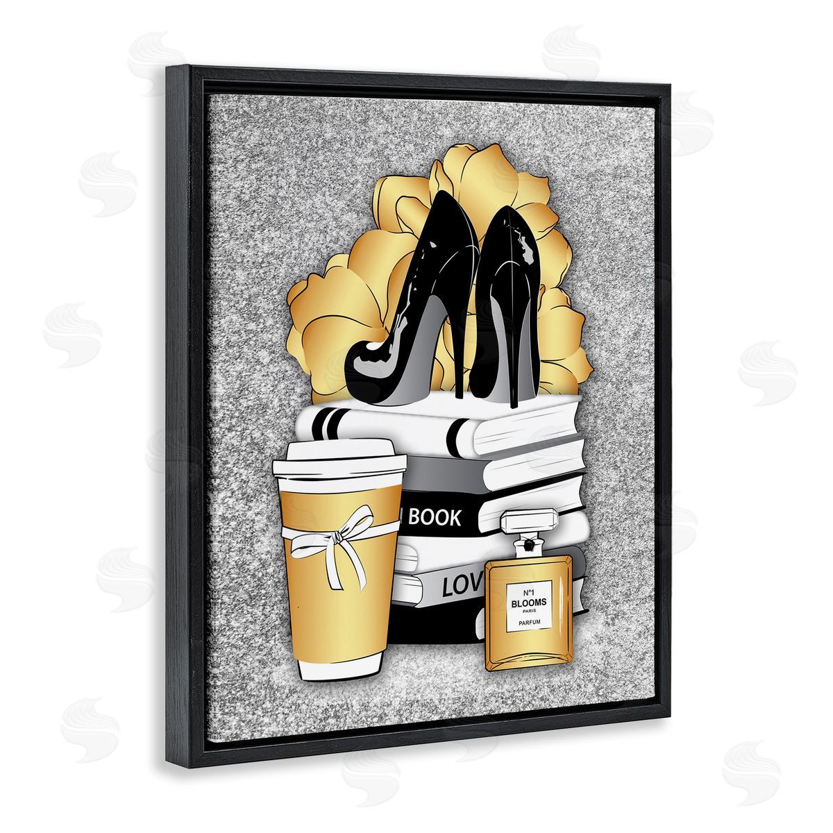 Gold and Black Glam Books Black Floating Frame Canvas Wall Art, Home Decor by Martina Pavlova